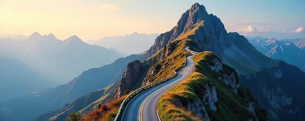 A winding road ascending a mountain, symbolizing the journey of career progression and the challenges overcome to reach the summit of success , scenic, steps, strategy