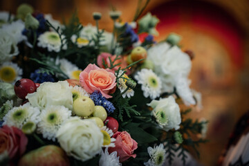 Traditional decoration with flowers and apples on the Feast of the Transfiguration in the Orthodox Church, Russia