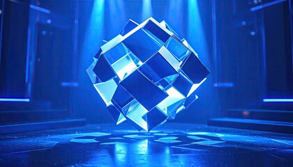 Spinning Blue Holographic Cube Lattice on Dark Stage