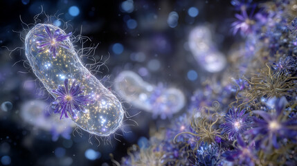 Rod-shaped bacteria portrayed as glowing cybernetic invaders, attaching to a delicate transparent cell, surreal background of microscopic galaxies, vivid blues and electric purples