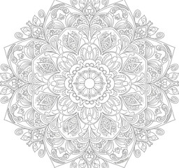 Detailed black and white mandala design with floral and geometric elements for coloring or decoration