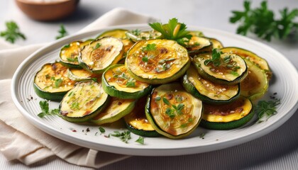 crunchy baked zucchini chips arranged on a white plate showcasing a golden brown color and sprinkled with fresh herbs representing healthy snacking and sustainable cooking practices