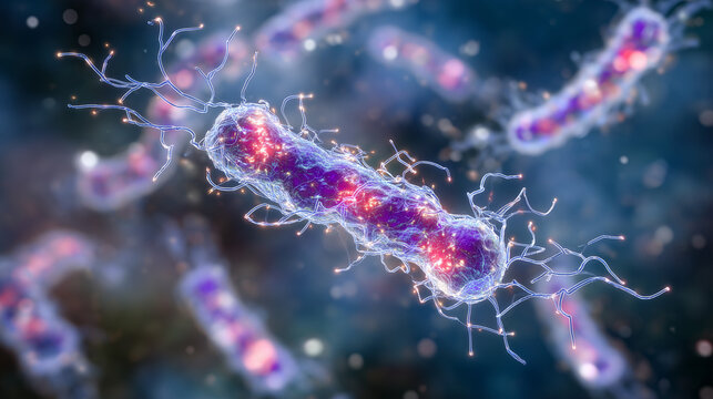 Digital microscopic illustration, bacteria invading cell membrane, tendrils extending like glowing wires, soft pastel background contrasted by vivid red and violet microbes, surrea