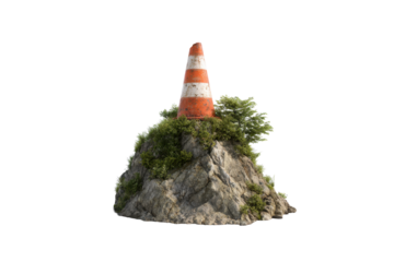 Weathered Traffic Cone on Rocky Islet with Vegetation