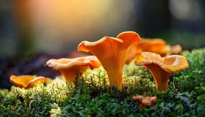 close up of chanterelle mushrooms growing from damp earth and moss vibrant orange color and gilled detail softly lit by filtered sunlight
