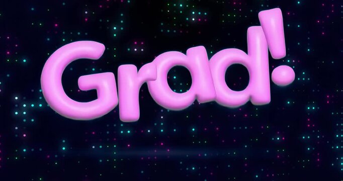 Upon opening dark pixel field pulsing, pink 3D Grad! text fading, scaling, highlighting graduation