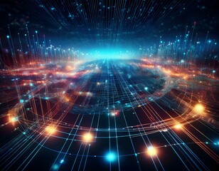 glowing digital telecommunication network showcasing global connectivity and intricate data flow in a futuristic and technological landscape