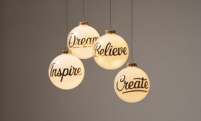 Four light-up, frosted-glass ornaments.  Each ball features a motivational word (Dream, Believe, Inspire, Create) in a gold script