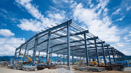 Vast empty warehouse frame, skeletal steel structure silhouetted against the sky, scaffolding and construction equipment scattered below, cinematic perspective emphasizing size and