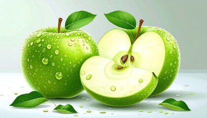 Fresh green apples, whole and sliced, with water droplets