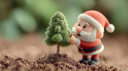Obraz premium Adorable Santa figurine observes a small Christmas tree planted in brown soil. Generated with AI