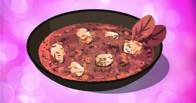 On playback 3D pan rotating clockwise with red stew showing simmering, showcasing garnish movement