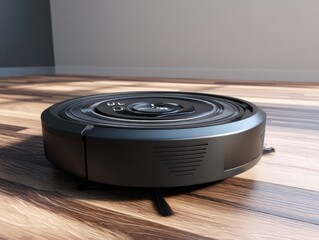 Fototapeta premium Modern, sleek robotic vacuum cleaner rests on light brown wooden flooring.