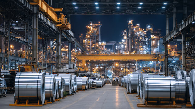 Panoramic factory view, dozens of industrial metal coils lined up in parallel rows, machinery and cranes towering above, glowing under warm industrial lights
