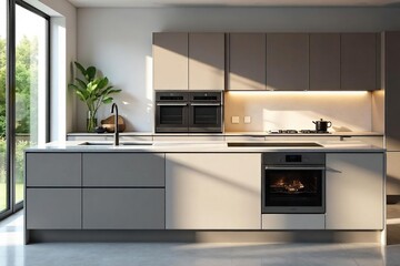 Modern kitchen featuring a built-in oven seamlessly integrated into a sleek countertop, offering a clean and stylish design for culinary enthusiasts , oven, home design, granite