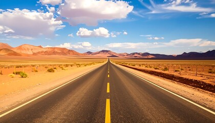 Fototapeta premium Straight road stretching into a desert landscape under a vibrant blue sky