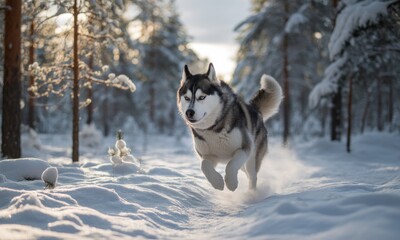 Naklejka premium Husky running through snowy forest