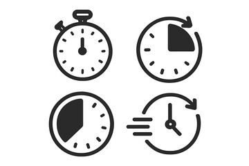 Vector timer and stopwatch icon set. Clock, countdown, and speed symbols for time management. Isolated graphic elements on white background. Fast time concept illustration.