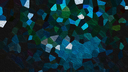 Dynamic abstract mosaic pattern featuring textured geometric polygons in deep blues and greens, creating a contemporary digital art background with a modern, artistic aesthetic
