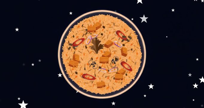 Initial stars scattering around rice plate while meteors falling creating cosmic animation loop