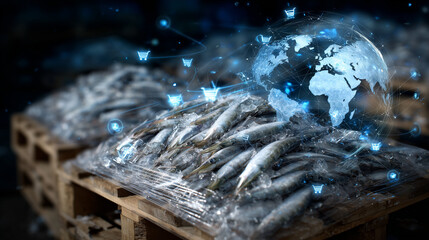 High-tech cold chain visualization, frozen prawns and fish packaged in icy pallets, holographic shipping icons and semi-transparent globe overlay emphasizing global distribution