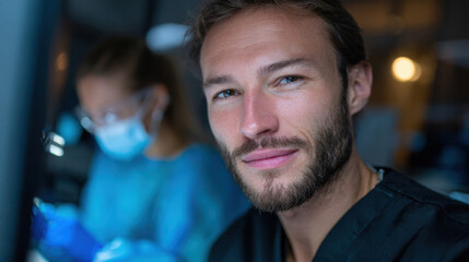 A dedicated male dental professional gazes confidently at the camera in a modern clinic, while a focused assistant works on dental tools in the background, exuding professionalism.