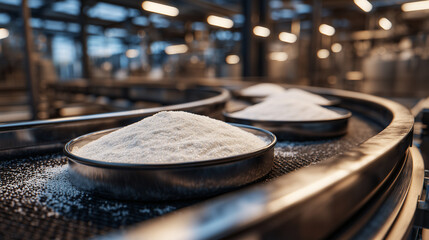 Macro shot of stainless steel bowls on conveyor, white powder granular texture visible, ambient light creating subtle reflections and shadows, high-detail industrial realism