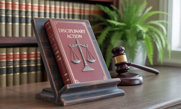 Law book, scales, gavel, on wooden stand