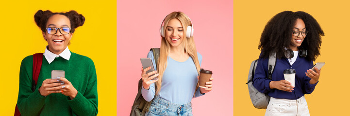Three diverse students are happily using their smartphones in a colorful set. They represent different backgrounds and enjoy the educational experience together while showcasing modern technology.