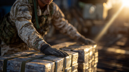 Close-up of soldier securing heavy cargo cases on aircraft ramp, tactical gloves gripping handles, muted desert-colored crates stacked in organized rows, dramatic sunlight casting