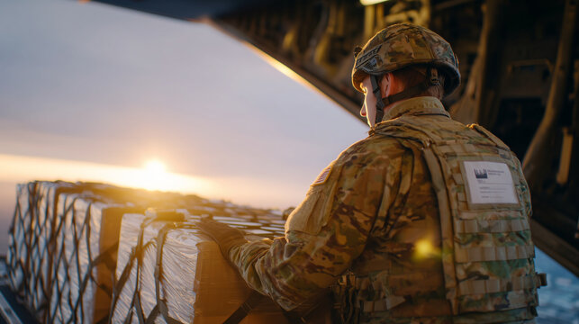 Military soldier in camouflage uniform carefully loading rugged cargo cases onto a massive transport aircraft, early morning light reflecting off metal fuselage, cinematic logistic - Powered by Adobe