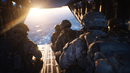 Wide-angle view inside aircraft, military personnel preparing equipment, silhouettes against open cargo ramp, atmospheric sunlight streaming in, cinematic sense of readiness
