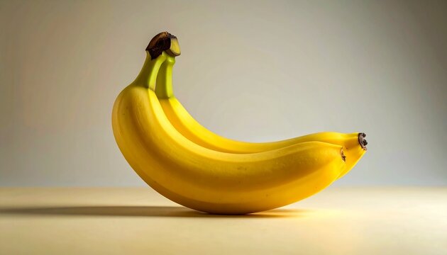 Three ripe yellow bananas with green stems arranged on a light surface against a warm background - Powered by Adobe