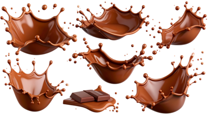 Seven dynamic chocolate splashes, stylized with dripping, liquid forms, and chocolate bars