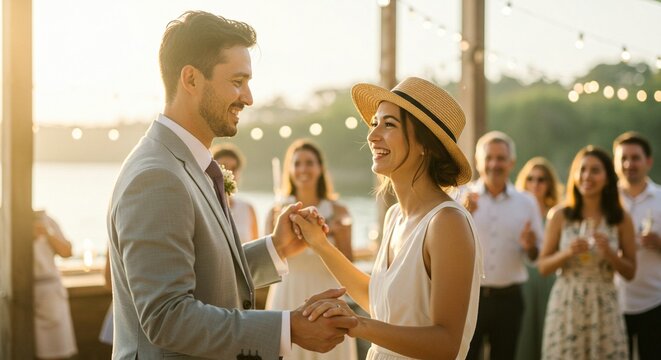 Smiling newlyweds share their first dance as husband and wife at their outdoor wedding reception with family.
