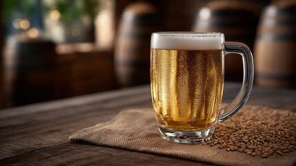 Vibrant macro shot, glass beer mug glistening with condensation, wooden table scattered with malt grains, rustic burlap and barrels creating depth in background