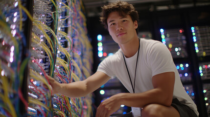 Network technician kneeling in front of a rack of servers, colorful Ethernet cables meticulously connected, LED lights glowing softly, cinematic data center atmosphere