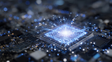 Artistic visualization of AI microchip, glowing neural network patterns radiating from chip core, digital particles floating, futuristic technology concept emphasizing connectivity