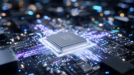 Close-up of advanced microchip AI core, glowing holographic data streams flowing in 3D space, surrounding circuitry reflecting neon light, futuristic digital visualization