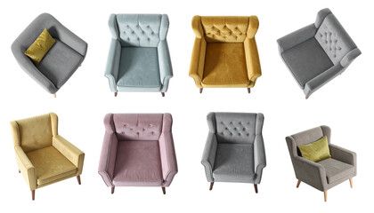 Collection of eight colorful, elegant armchairs, arranged in a creative, aesthetic display