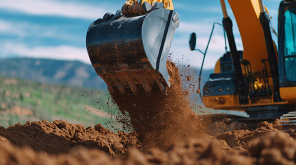 Close-up of excavator bucket scooping rich brown dirt, dirt particles flying, hydraulic arms gleaming under sunlight, cinematic construction site emphasizing progress