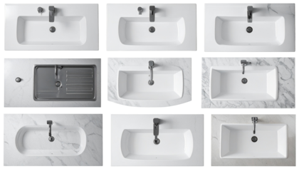 Collection of nine white bathroom sinks, showing different shapes and styles. Each with a faucet