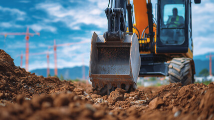 Heavy machinery digging close-up, soil textures and rocks detailed, metallic bucket in sharp focus, blurred construction site background creating sense of scale