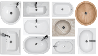 Overhead view of varied modern sinks and bathtubs. Different shapes, materials, and faucets displayed