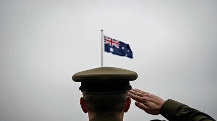 A soldier in uniform saluting the Australian flag on a solemn, overcast day