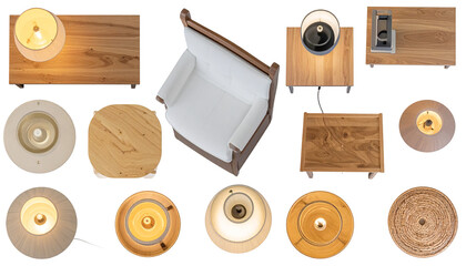 Overhead view of various furniture pieces chairs, tables, and lamps arranged in a stylish composition