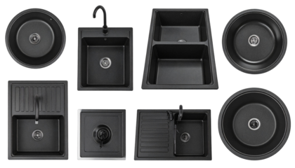 Various black kitchen sinks showcased with diverse shapes and sizes. Includes single, double, and round