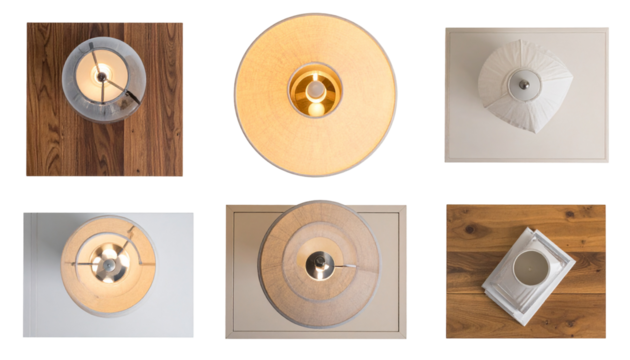 Overhead view of various lampshades, showing wood, fabric, light & design variations