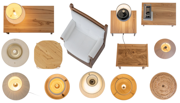 Overhead view of various furniture pieces chairs, tables, and lamps arranged in a stylish composition