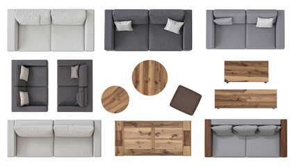Overhead view sofas, tables, and cushions arranged, offering design inspiration